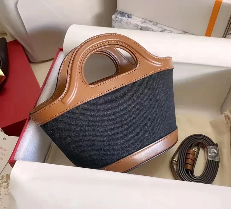 Two-tone Denim & Leather Tote Bag with Letter Embroidery & Detachable Strap