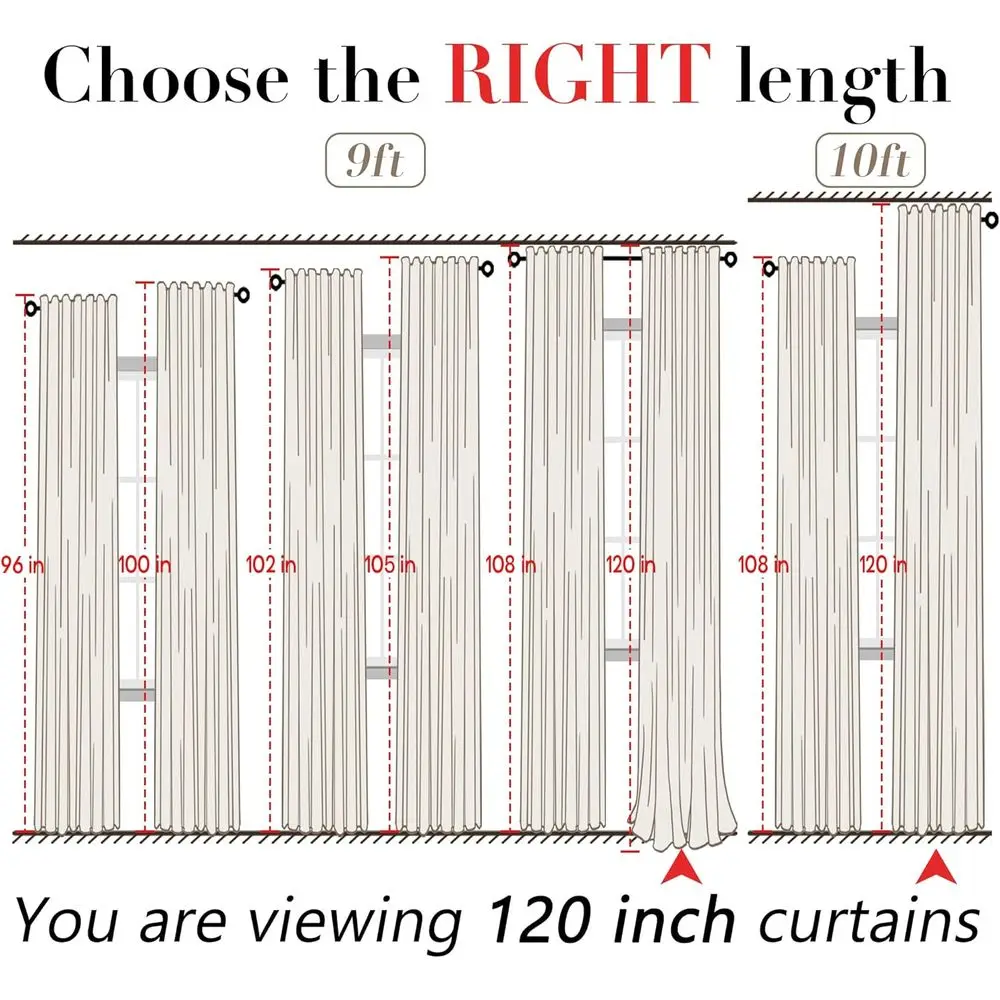 120 Inch Semi-Transparent Linen Cotton Blend Curtains, 2-Panel Set with Clip Rings, XL Rod Pocket, 50x120