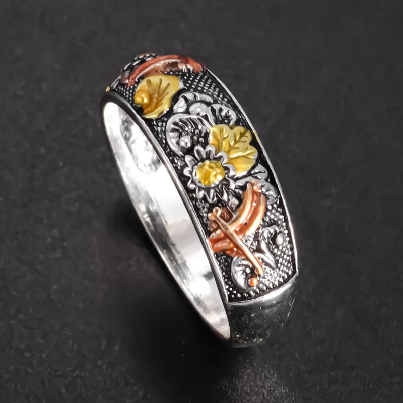 New cross-border hot sale vintage carved ring flower dragonfly sunflower ring