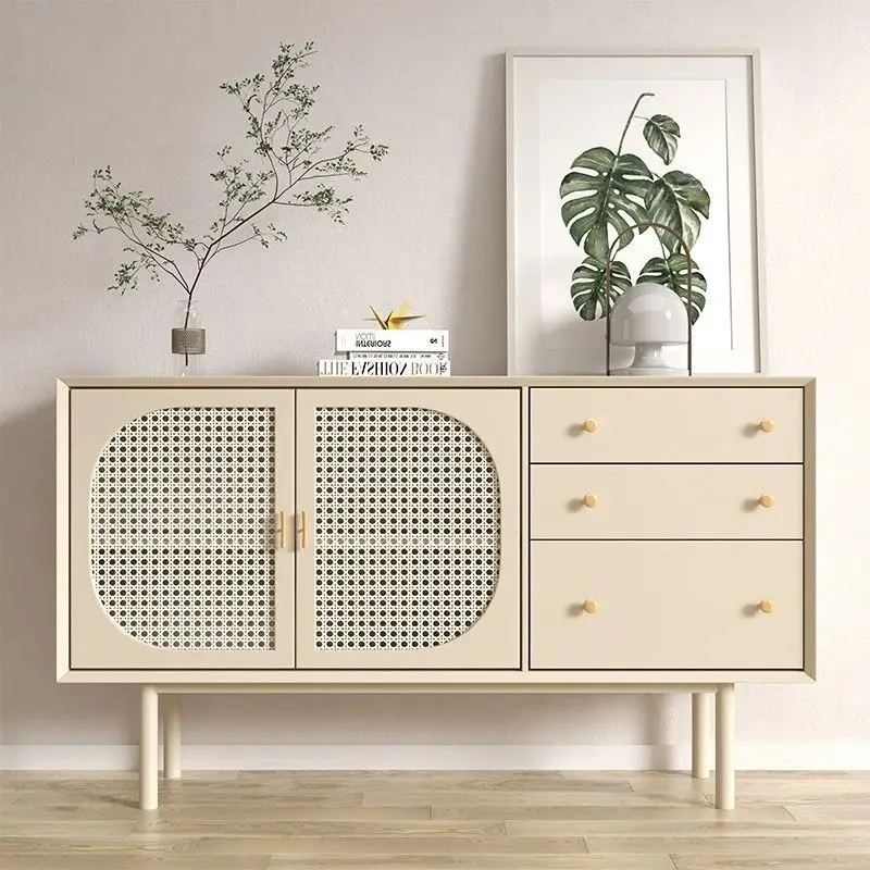 

Nordic solid wood dining side cabinet simple modern entrance cabinet tea storage cabinet rattan TV locker high c
