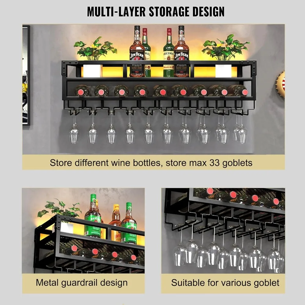 Pengfei led rack de vinho montado na parede, prateleira de vinho de parede de metal industrial e suporte de vidro, grandes prateleiras flutuantes armazenamento de garrafa de vinho