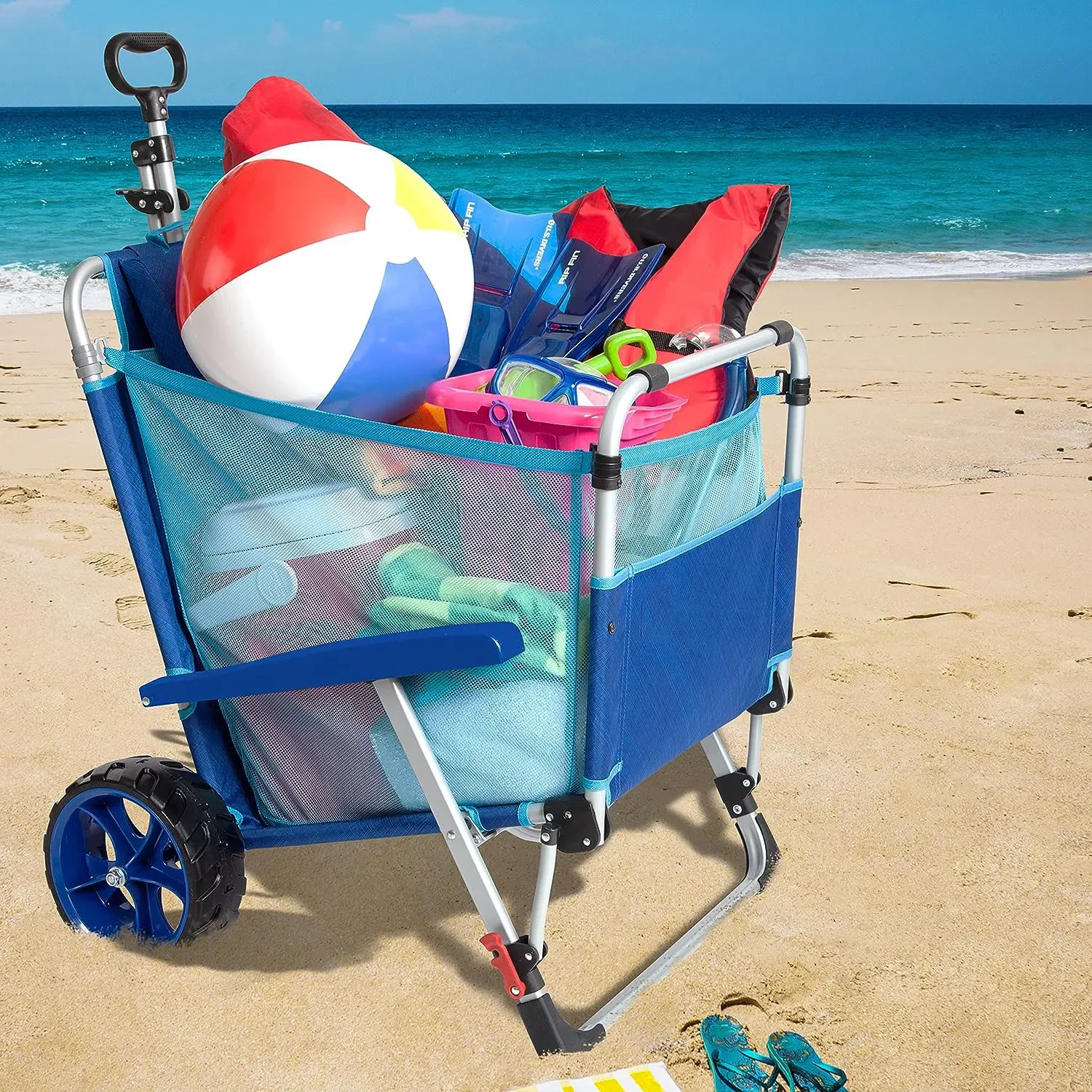 Beach Day Foldable Chaise Lounge Chair with Integrated Wagon Pull Cart Combination and Heavy Wheels