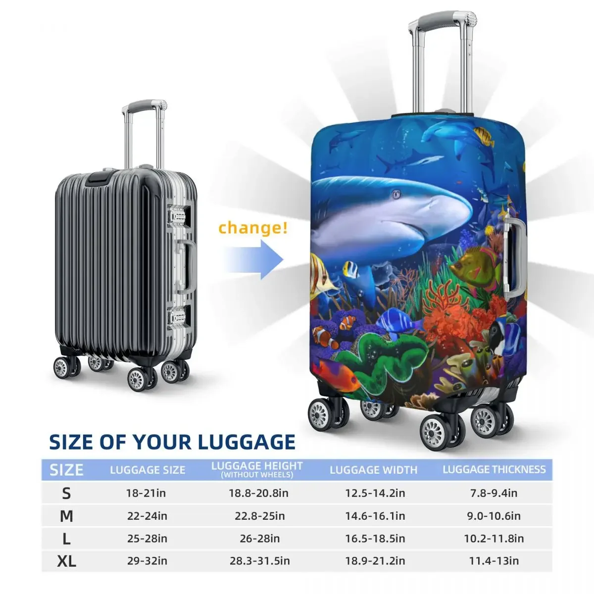 Shark Reef Print Luggage Protective Dust Covers Elastic Waterproof 18-32inch Suitcase Cover Travel Accessories