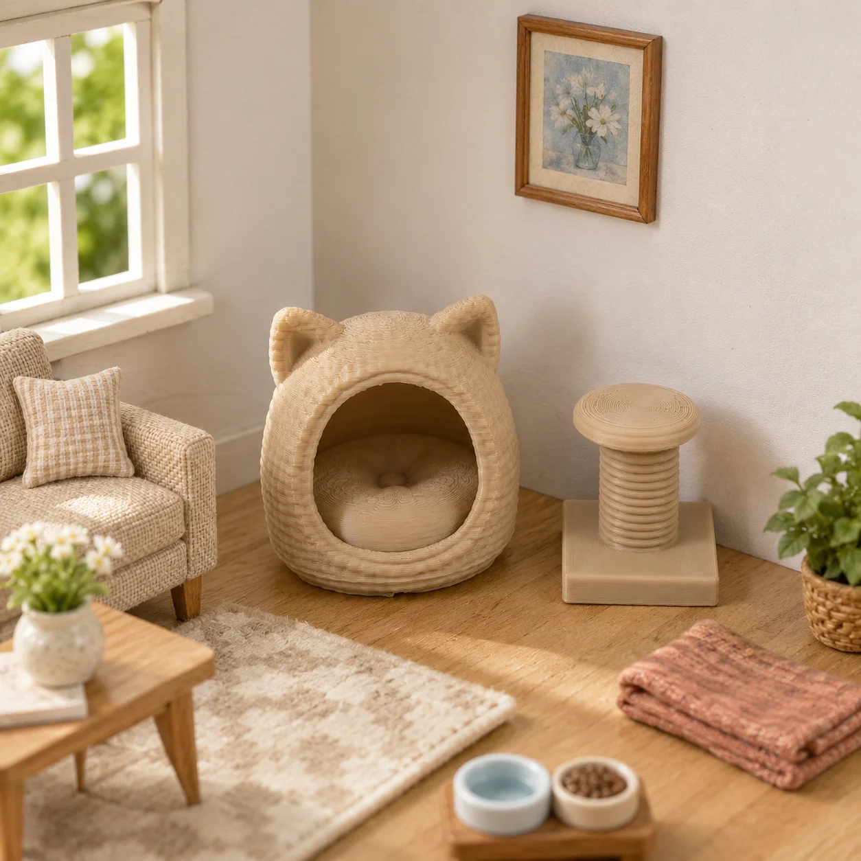 Set of 2 Miniature Cat Beds, Cat Tree Model—Perfect for Miniatures Enthusiasts and a Creative Gift for Cat Lovers.