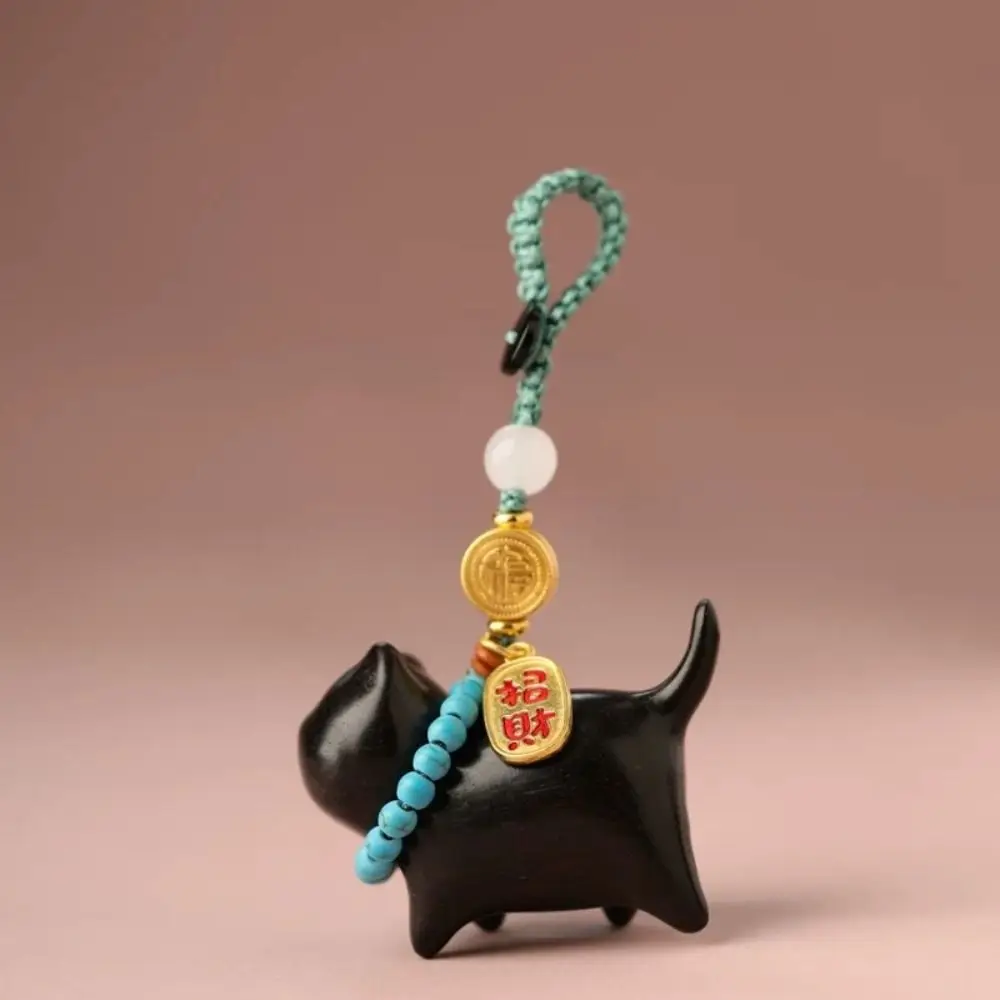 Carved Sandalwood Lucky Cat Keychain Woven Lanyard Anti-lost Fastener Sandalwood Lanyard Hand-finished Details Wood Texture