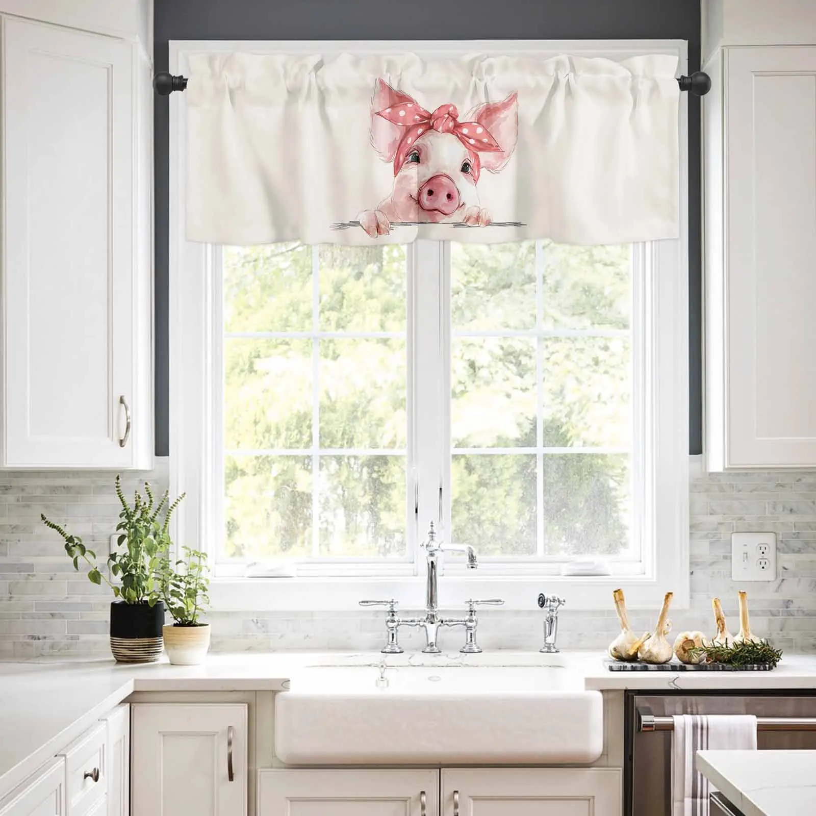 

1PCS Kitchen Short Curtain Valance Cartoon Pink Bathing Pig Spotted Bow Rod Pocket Window Home Decoration