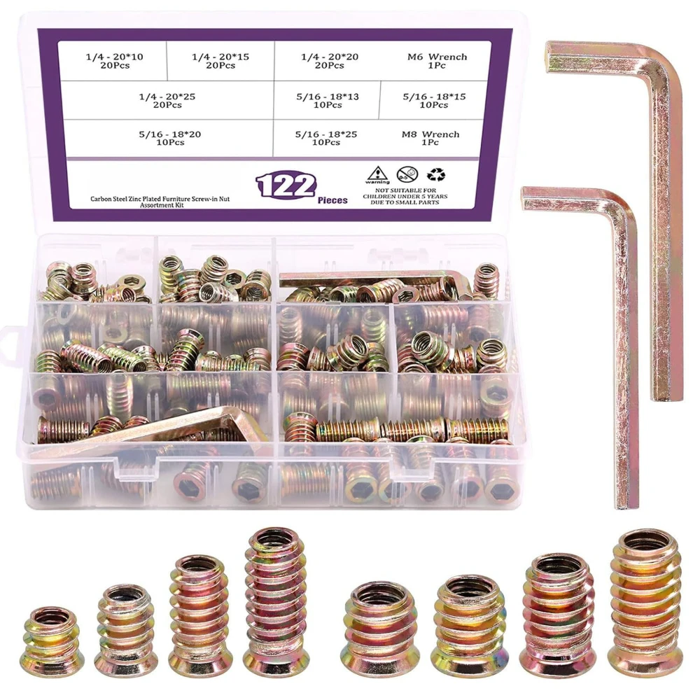 

122pcs White Zinc Imperial Furniture Screws Nut Accessories Set Carbon Steel Color Zinc Inner and Outer Thread Nut Set Fasteners