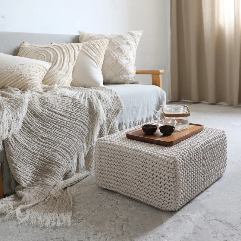 Customized Cotton Rope Hand-woven High-density Sponge Cushion Bay Window Soft Bag Coffee Table Pouf Furniture