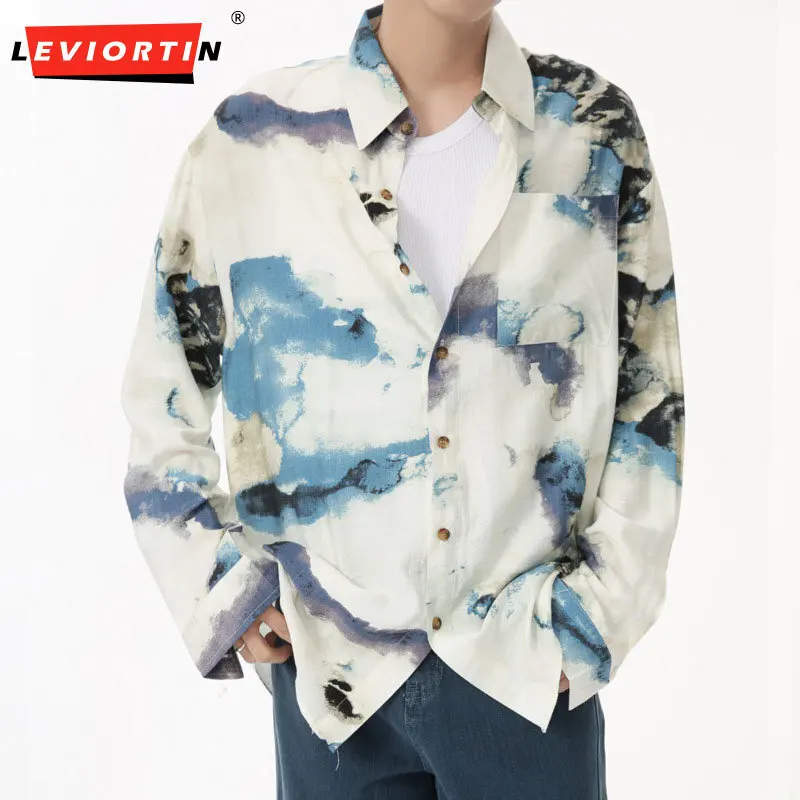 Men's 2024 Autumn Collection New Product Chinese Style Landscape Splashing Ink Painting Personalized Design Feel Loose Shirt