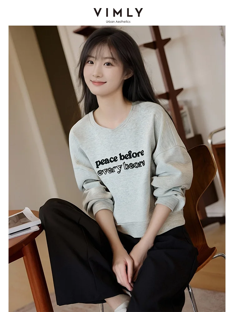 Vimly Women's Office Lady O-neck Letter Embroidery Pullovers Sweatshirt 2025 Spring Simple Casual Loose Fashion Knit Tops M5221