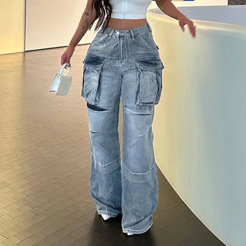 Pantalones vaqueros Cargo para mujer, pantalones vaqueros con lavado de cintura alta, bolsillos holgados, pantalones básicos de longitud completa, Color sólido, elásticos ligeros