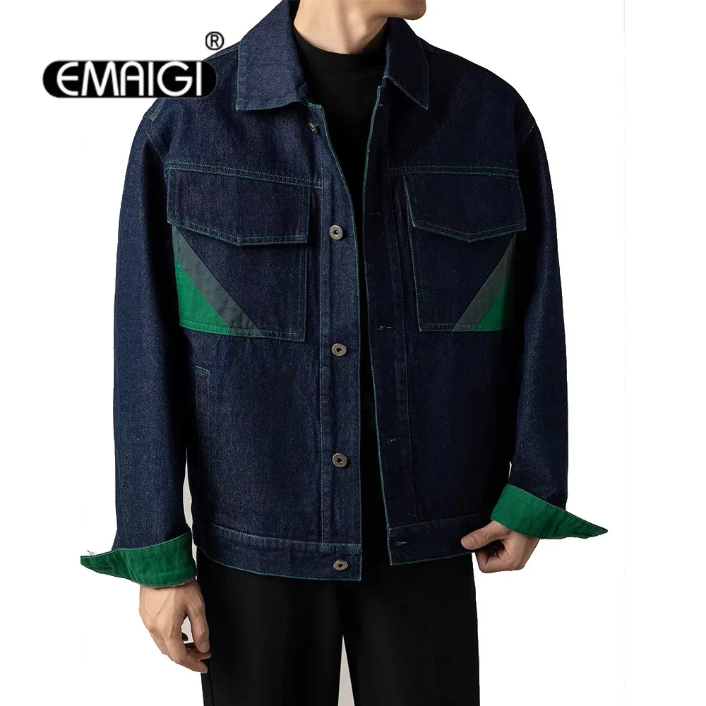 Men's Spring Autumn Fashion Korean Streetwear Loose Casual Splice Denim Jacket Male Net Celebrity Vintage Jeans Coat Outerwear