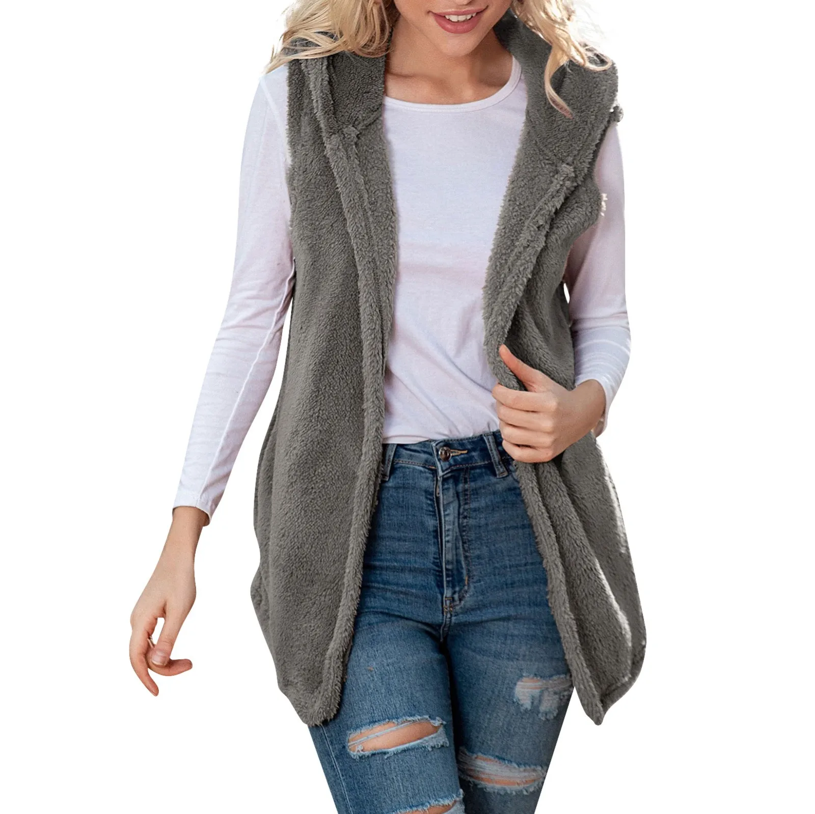 Plush Composite Vest Jacket Women Attumn Winter Solid Sleeveless Outerwear O Neck Pocket Two Ways Wear Button Outerwear Jacket