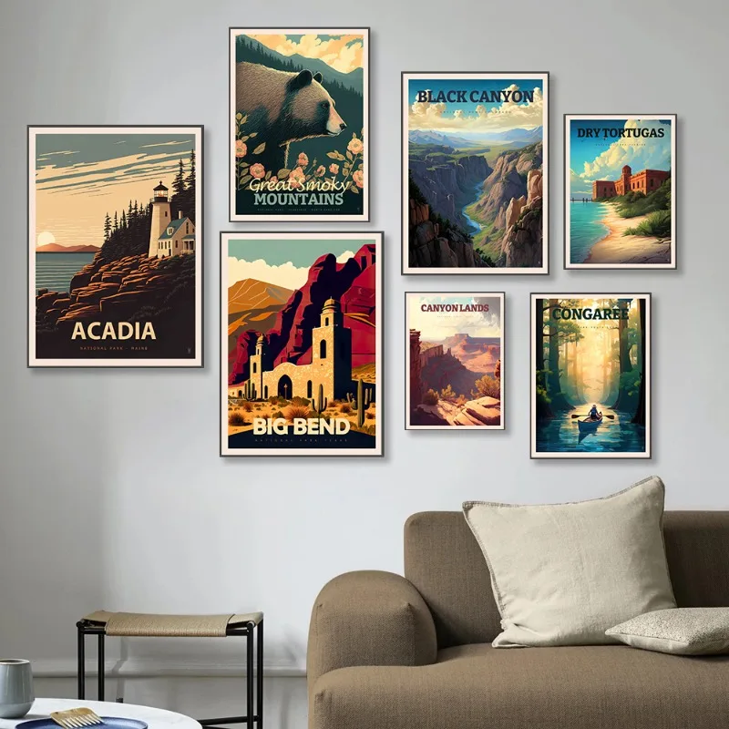 Vintage National Park Canvas Painting Wall Art Black Canyon Dry Tortugas Haleakala Lake Clark New River Gorge Travel Home Decor