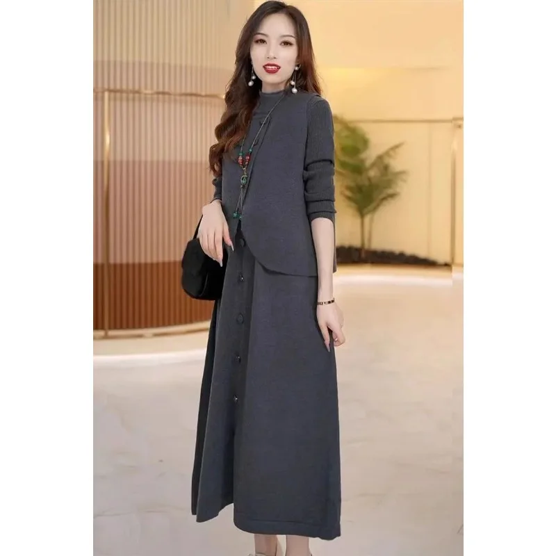 Women Elegant 2 Piece Outfit Knit Wool Midi Dress Set Sleeveless Vest Long Sleeve Dress Mature Mother Casual Party Dresses
