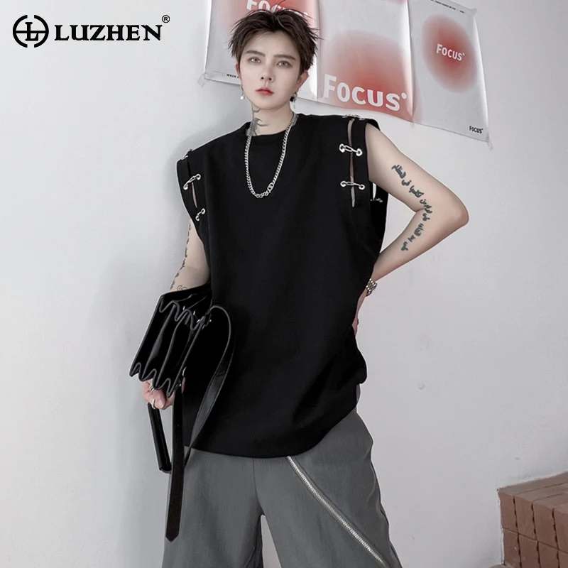 LUZHEN Stylish High Street Original Sleeveless T-shirts Men\'s 2024 Summer New Trendy Metal Buckle Decorate Male Vets Tops LZ2064