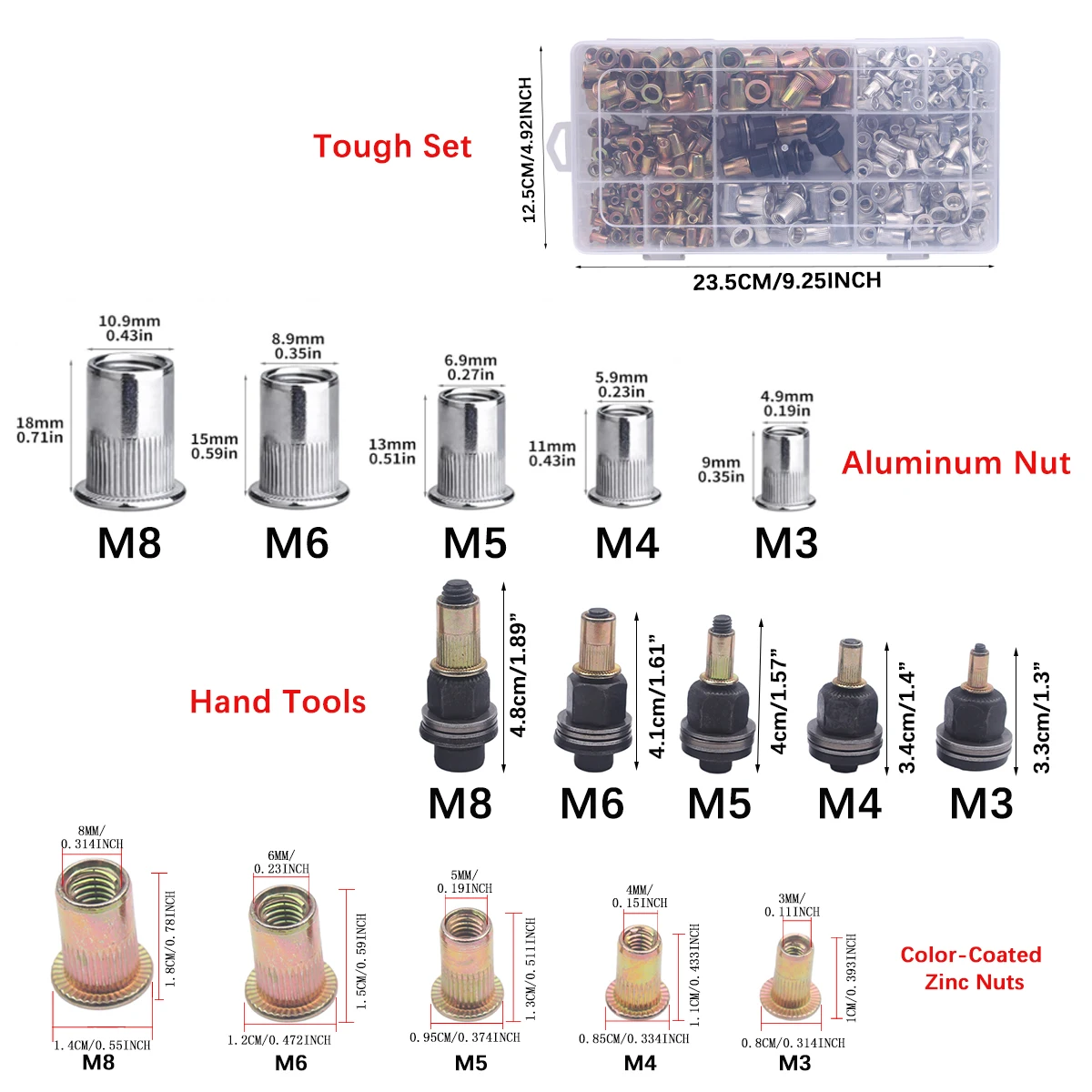 430Pcs Rivet Nut Hand Tool Combination Set Includes Color Zinc and Aluminum (M3, M4, M5, M6, M8) in 5 Sizes, Suitable for Furniture, Decoration, Automotive, Marine, and Industrial Applications
