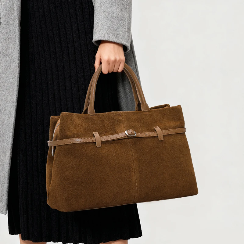 

Suede Tote Bag, Nubuck Leather, Large Capacity Handbag, Relaxed Style Genuine Leather Commuter Bag, Women's Shoulder & Crossbody