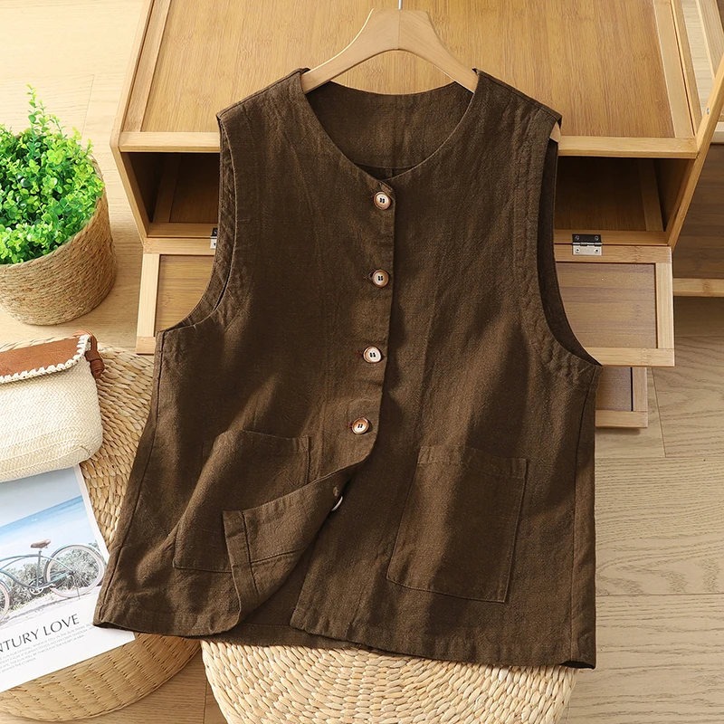 Women's Gray Coffee Cotton Linen Vest Spring Summer Sleeveless Jacket Coat Vintage Waistcoat Cover Up Shrug Top