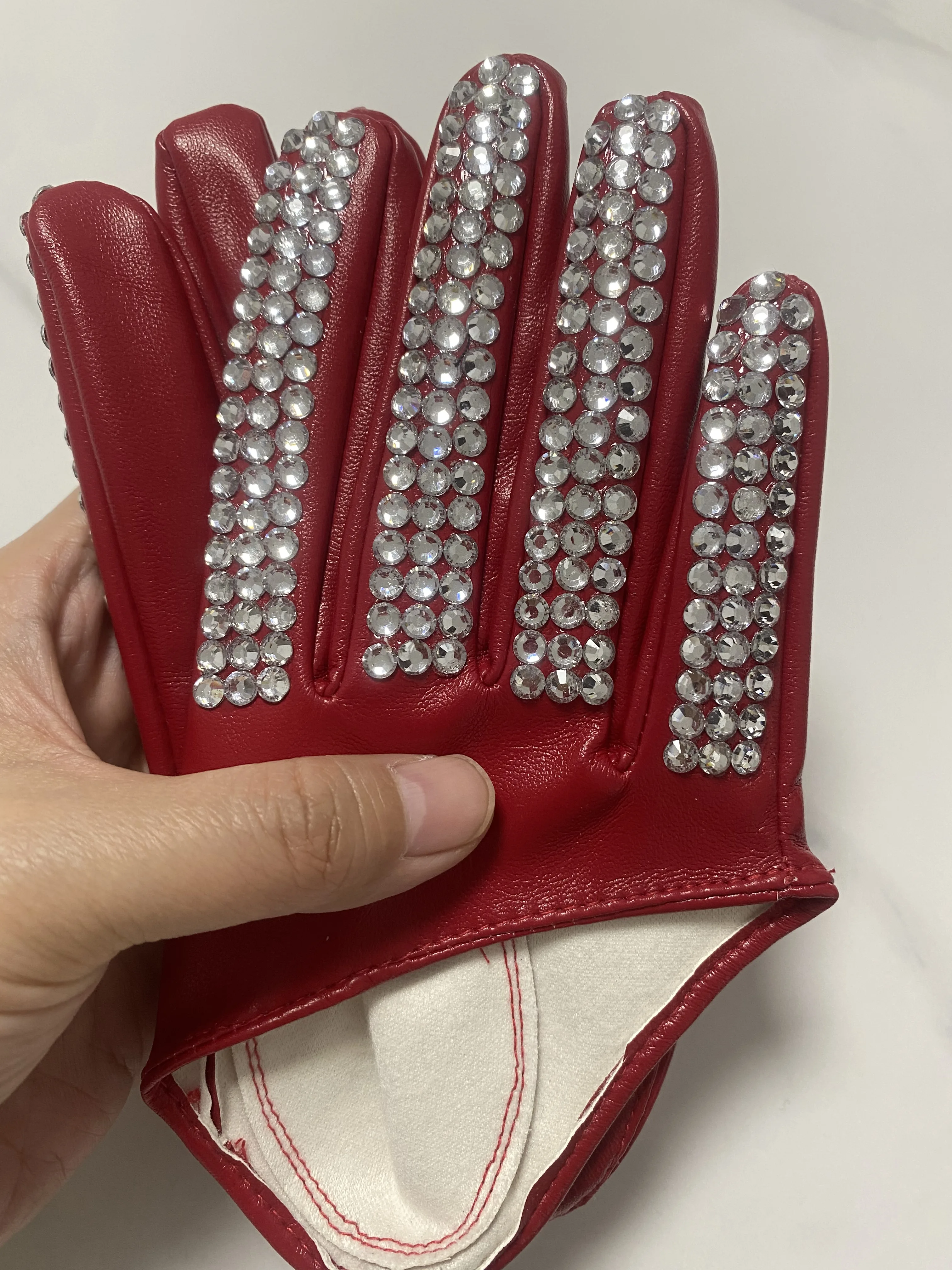 Moda damska pół dłoni rękawiczki damskie czerwone białe czarne rękawiczki ze skóry PU męskie hip-hopowe rhinestone diy rękawiczki do tańca — zdjęcie 7