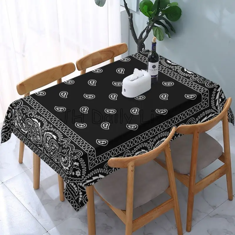 Colorful Paisley Black Bandanna Border Scarf White Rectangle Tablecloth Washable Polyester Table Cloth for Kitchen Dining Decor