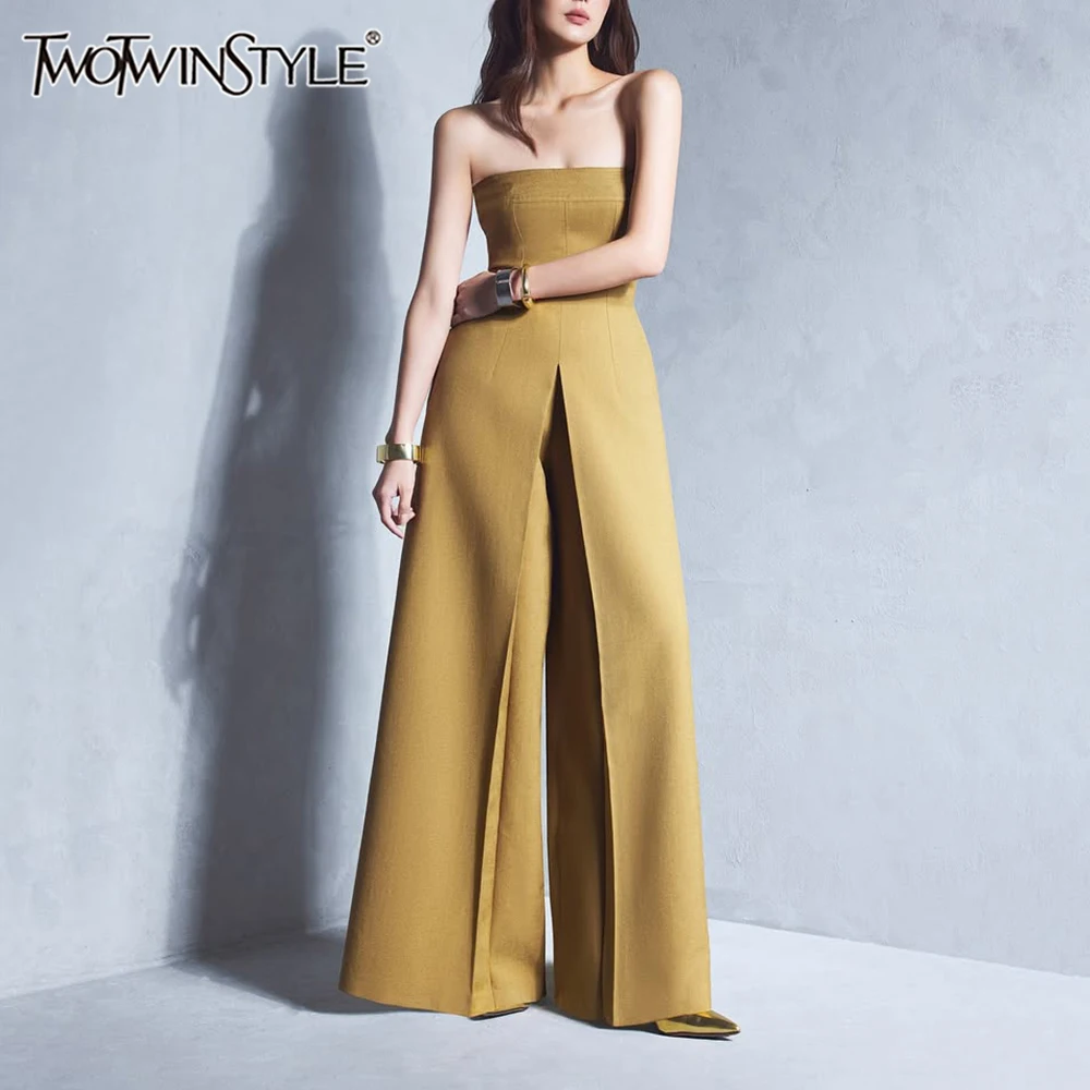 TWOTWINSTYLE Slimming Fahion Jumpsuits for Women Square Neck Sleeveless Patchwork Belt Temperament Jumpsuit Female Clothing New