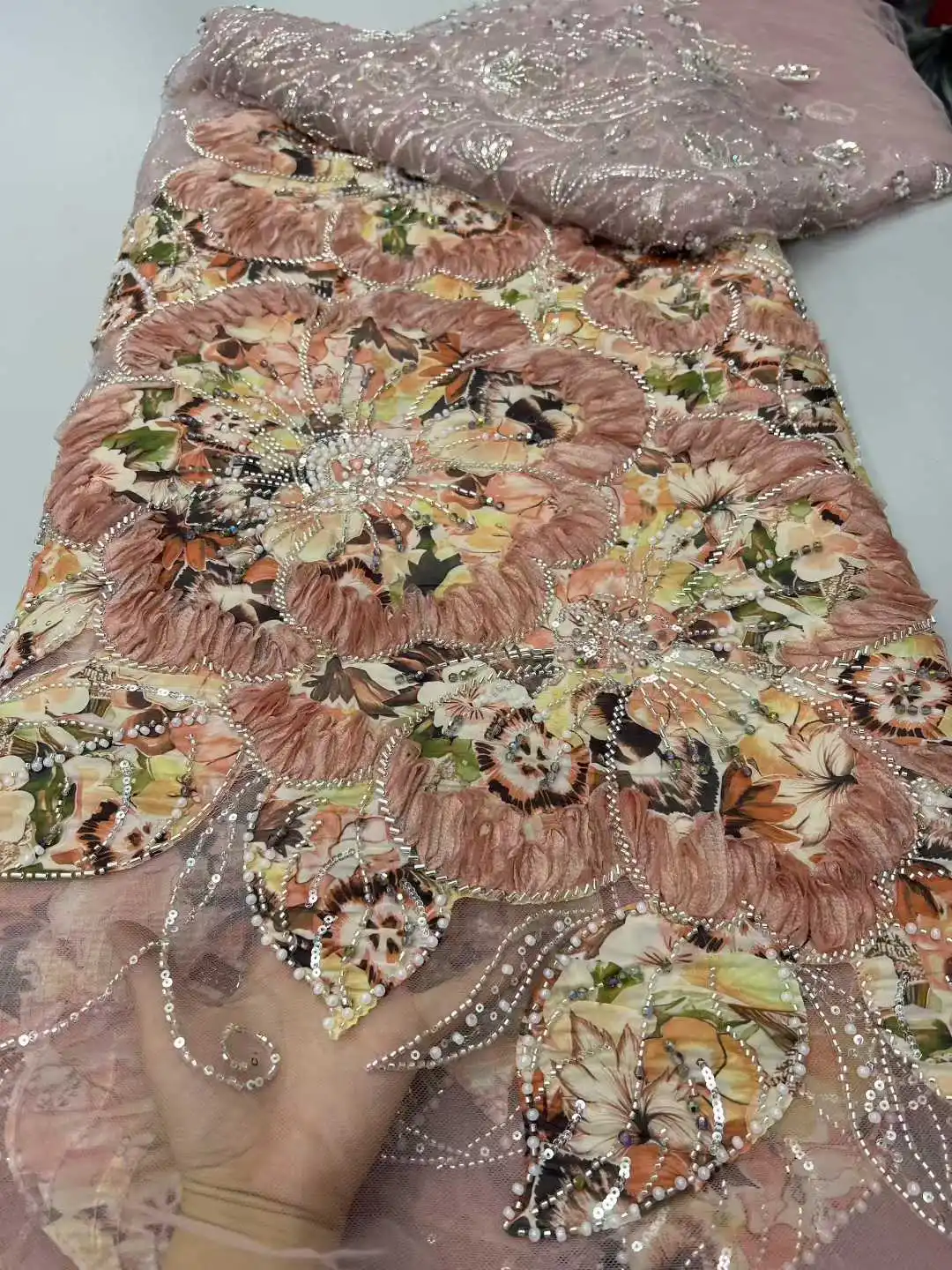 3D Sheer Beaded Fabric Latest 2025 French African Nigerian Chiffon Sequins Lace Fabric Women's Wedding Dress Material 5 Yards