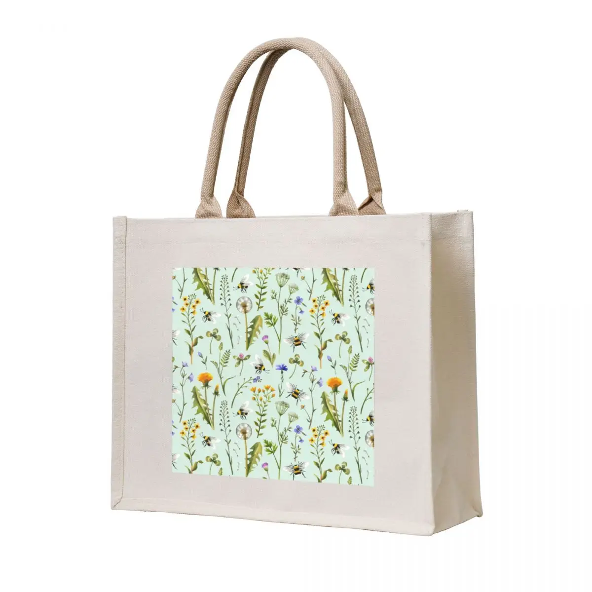 

Bees and wildflowers on mint Tote Bag custom tote bag supermarket folding bag shopper women