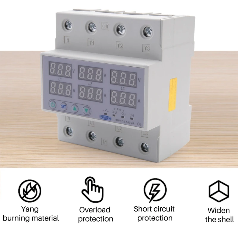 Imagem -03 - Tomzn-trilho Din Relé de Tensão de Fases Voltímetro 380v Amperímetro Monitor sobre e sob Tensão Protetor de Relés 100a