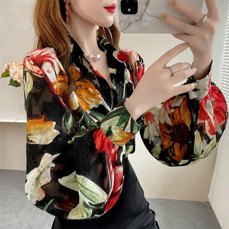 Printing Blouse Female Loose Lantern Sleeve Spring Autumn Women Clothing New Chiffon Top Tee Turn-down Collar Temperament Shirts