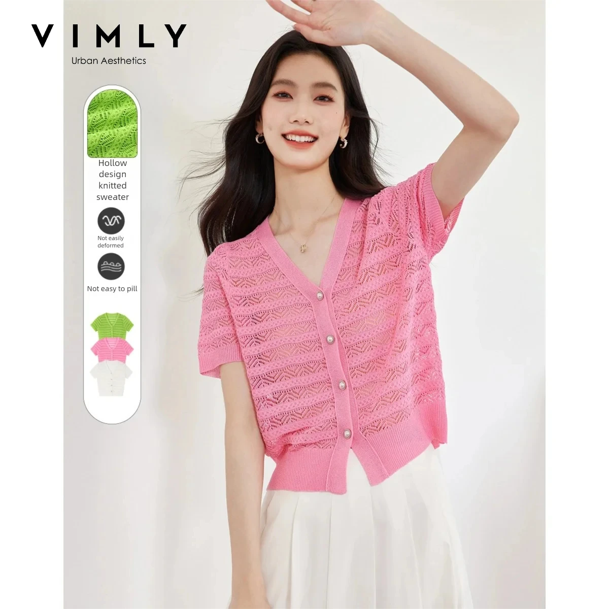 VIMLY French Hollow-out Short Sleeve Knit T-shirt for Women Summer 2026 New V-neck Loose-fit Casual Elegant Cover-up Tops 16675