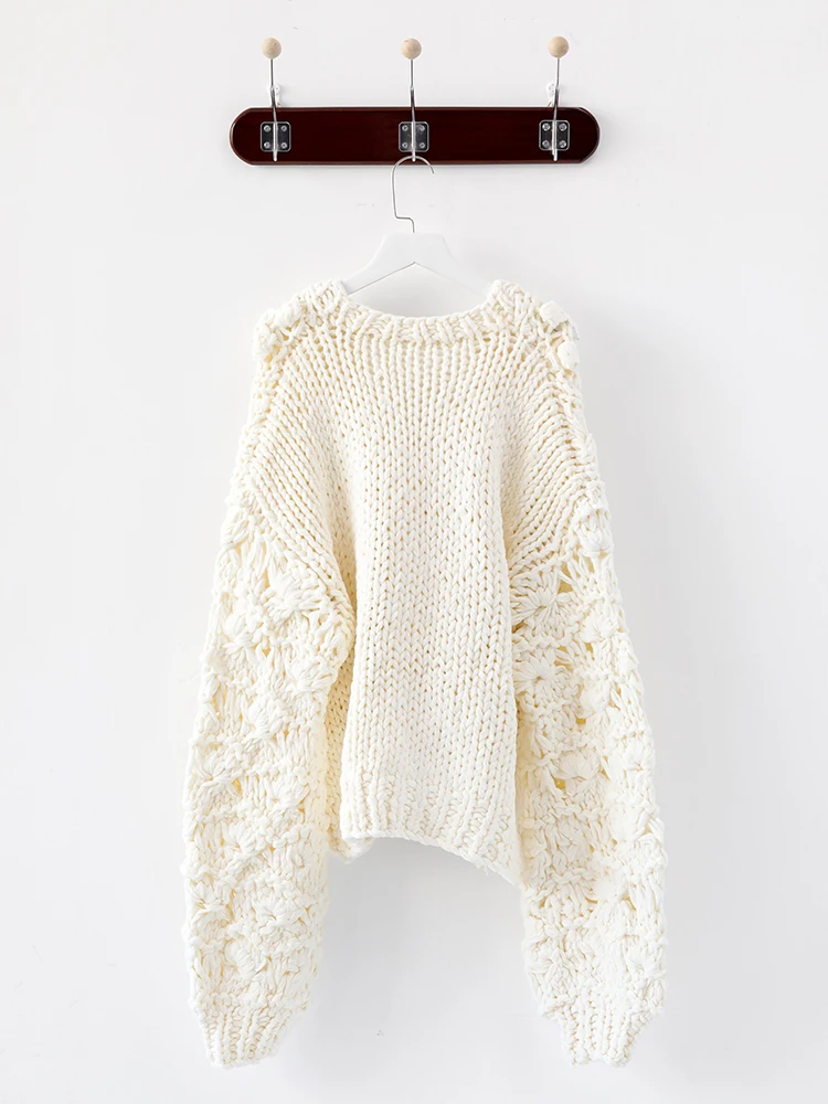 Jastie Hand Hook Knitted Cardigan 2025 Autumn And Winter New Women's Clothing Beige Hook Flower Hollow Lazy Style Thick Sweater