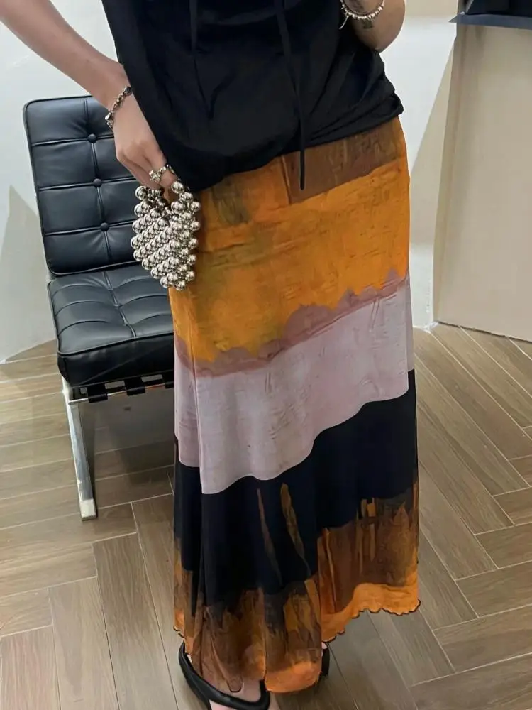

French Fashion Women Retro Patchwork Versatile Long Skirts Spring Summer High Waist Holiday A Line Pleated Half Skirt Streetwear