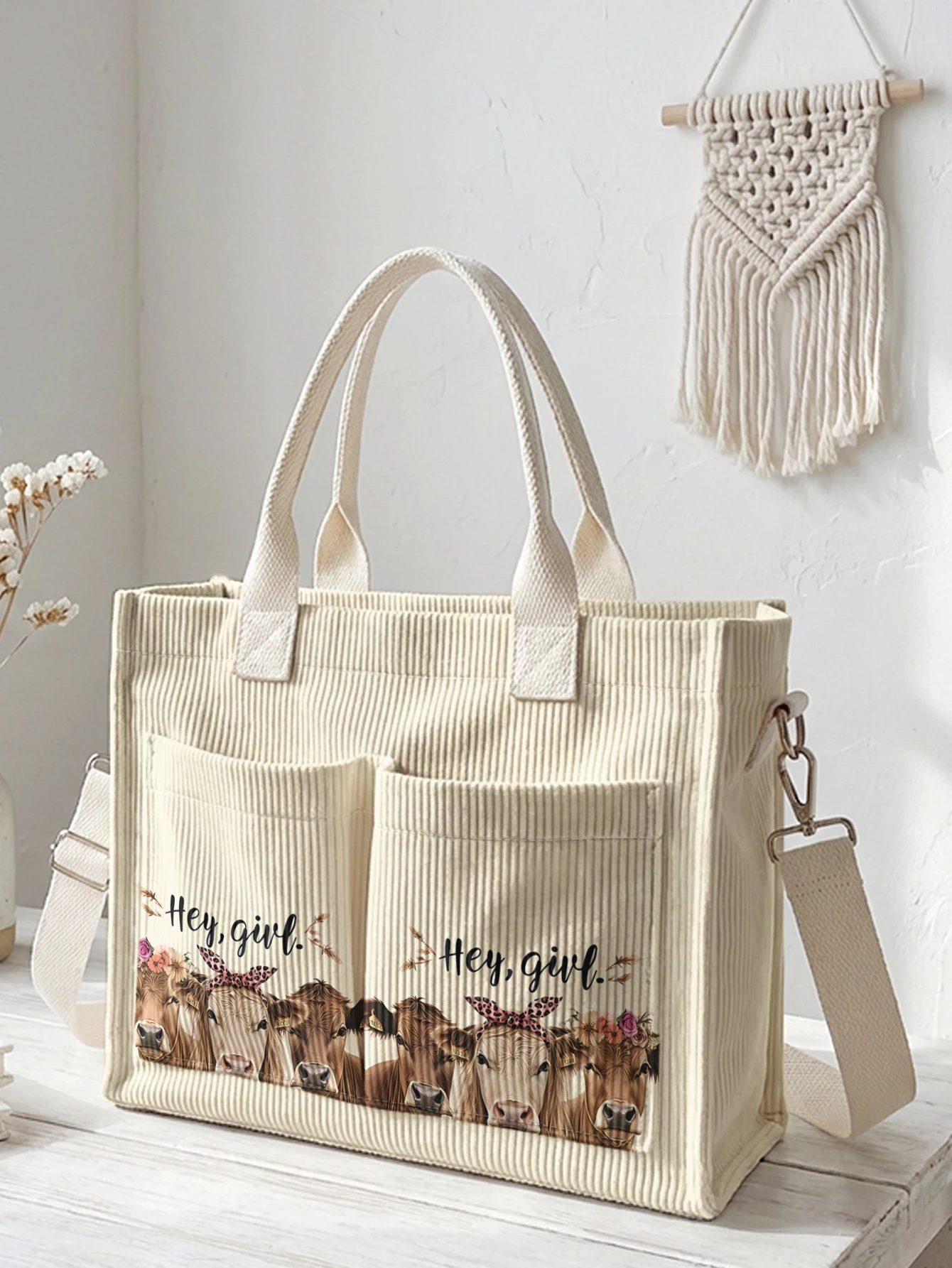 

Сумка-тоут из вельвета с коровьим принтом "Hey Girl", большая вместительная сумка через плечо с множеством карманов в западном стиле для повседневного использования