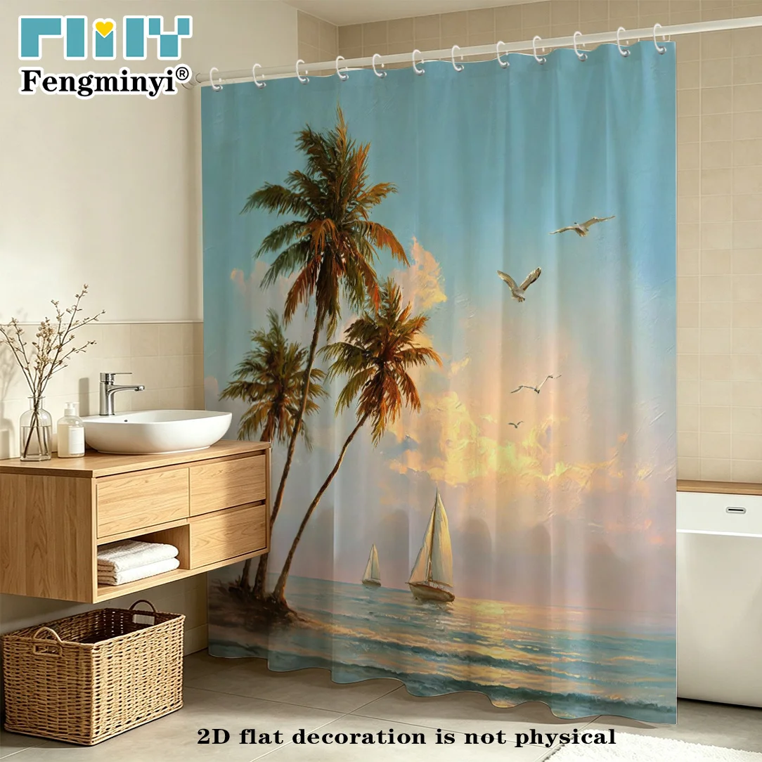 2D Flat, 1pc FENGMINYI Tropical Beach Shower Curtain with Hooks - Palm Tree & Sailboat Suitable for Bath, Seaside Bathroom Decor