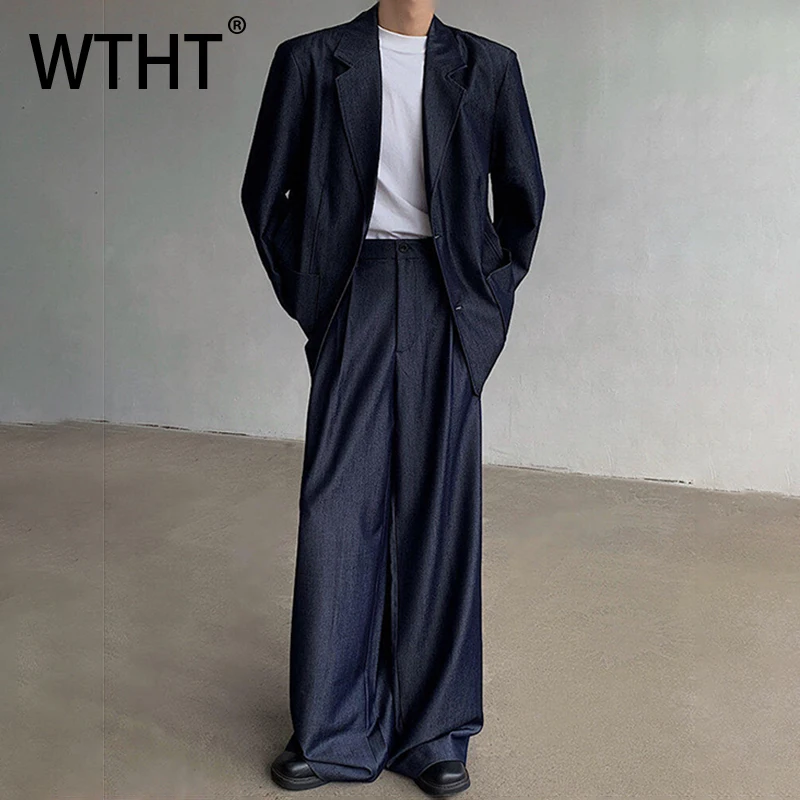 

WTHT модные мужские однотонные свободные джинсовые пиджаки с лацканами, модные прямые джинсы с высокой талией, мужские джинсы, лето 2029, 2A01004
