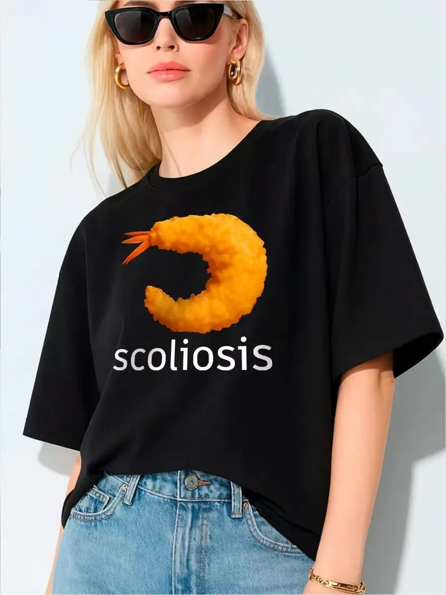 Black Funny Shrimp Pattern Printed Tshirt Casual Short Sleeve Scoliosis Shrimp Tshirt Female Y2k Aesthetic Summer Clothes 2026