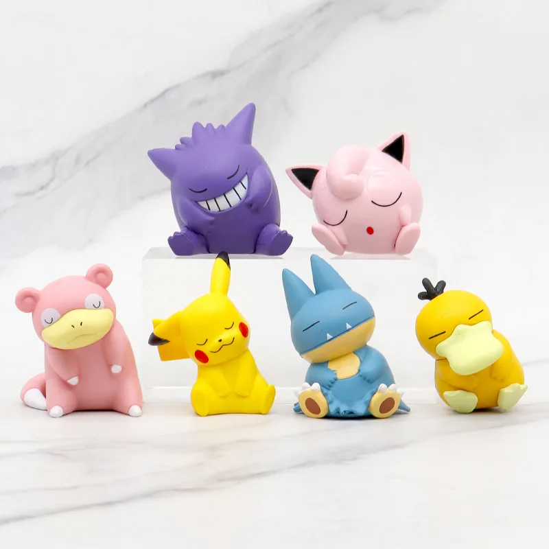 6pcs/set pokemon Pikachu Gengar Jigglypuff Slowpoke Gonbe Psyduck Sleep Version Model Figure PVC Toys