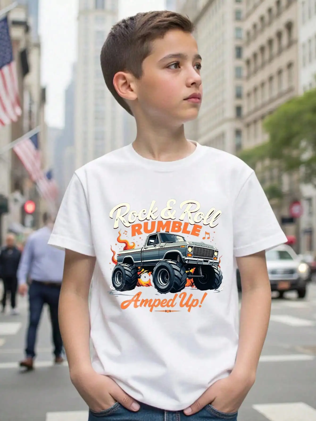 

Boys/Girls Rock & Roll Rumble Back To School Cotton Graphic Tees, Black Oversized Summer Tops With Vintage Car Print
