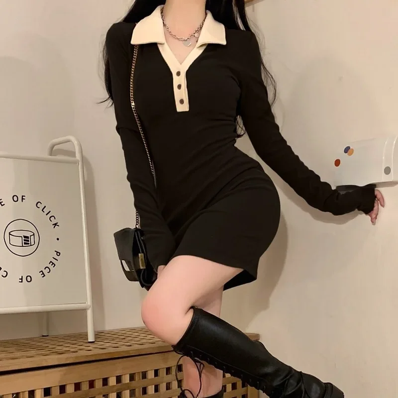 Autumn New Contrast Color Slim Women Dress Sweet Ladies Casual Dress Woman Black Coffee Knitted Fashion Dresses Female