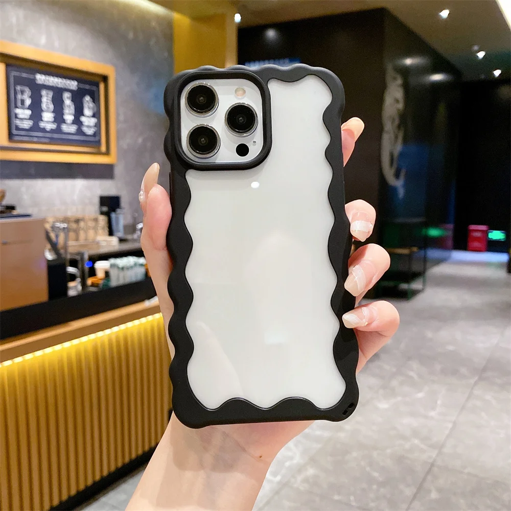 Ottwn Candy Color Cute Curly Wave Edge Phone Case For iPhone 11 13 12 14 15 Pro Max Soft Transparent Aesthetic Back Bumper Cover