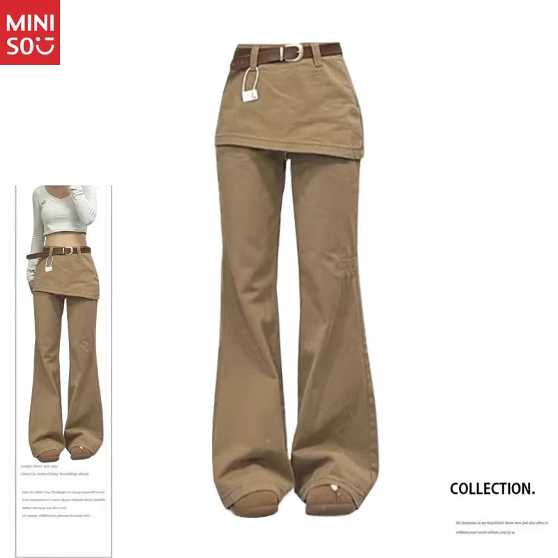 Miniso Plus Size Fake Zweiteilige Jeans, 2025, American Retro Flare Pants, Layered Cargo Wide Leg