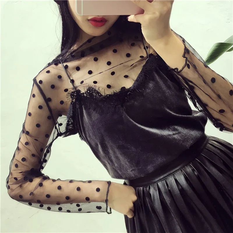 Women Lace Floral T Shirt Transparent Mesh Ladies Tops Sheer Blouses Autumn See-Through Turtleneck Black Long Sleeve T shirt