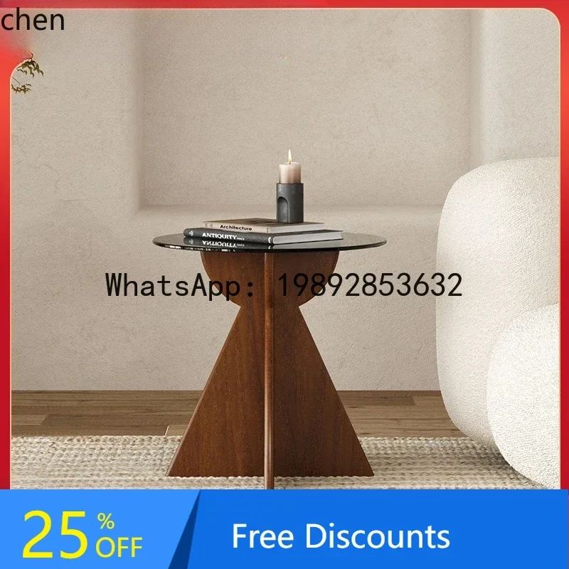 BF  Side Table Simple Small Coffee Table Tempered Glass Solid Wood Round Table Side Cabinet