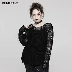 PUNK RAVE Maglione pullover con o-collo in mohair decadito da donna Punk Top larghi in rete a righe versatili quotidiane