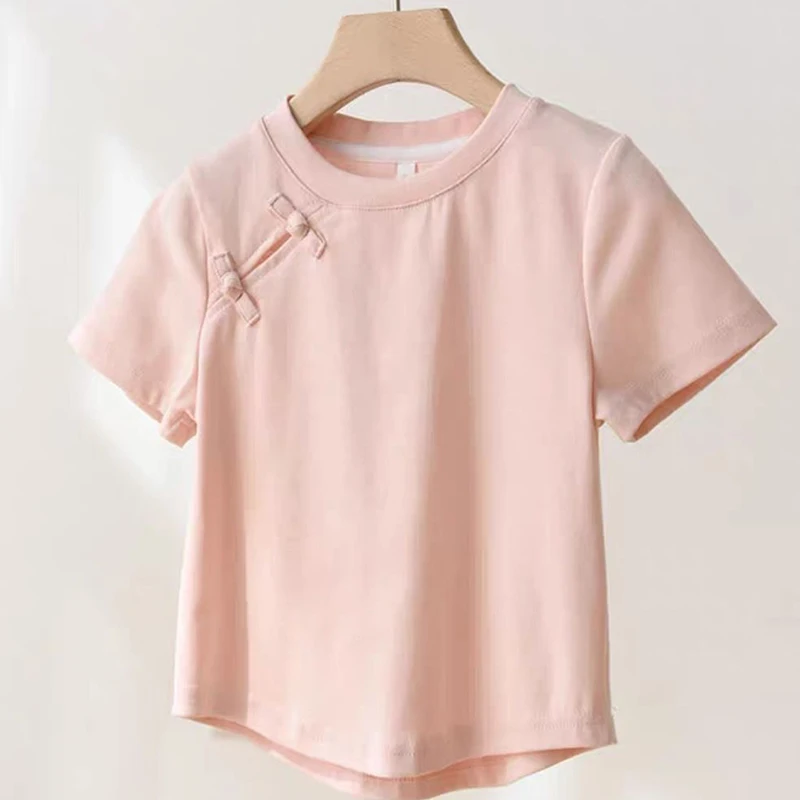 Camiseta infantil de manga curta estilo chinês, feminina casual com tops confortáveis, moda verão, nova