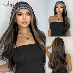 3/4 Synthetic Hair Half Wig Ladies Brown Long Wavy Wigs with Comb Head Cap Clip HeadBand Wigs for Women Jewish Bandfall Wig