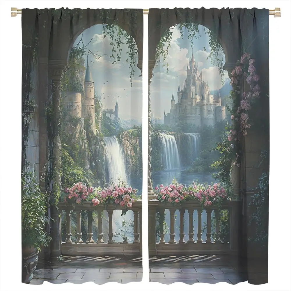 Modern Waterfall Blackout Curtains Home Decor Fantasy Castle Rustic Flower Scenery Rod Pocket Thermal Insulated Drapes Darkening