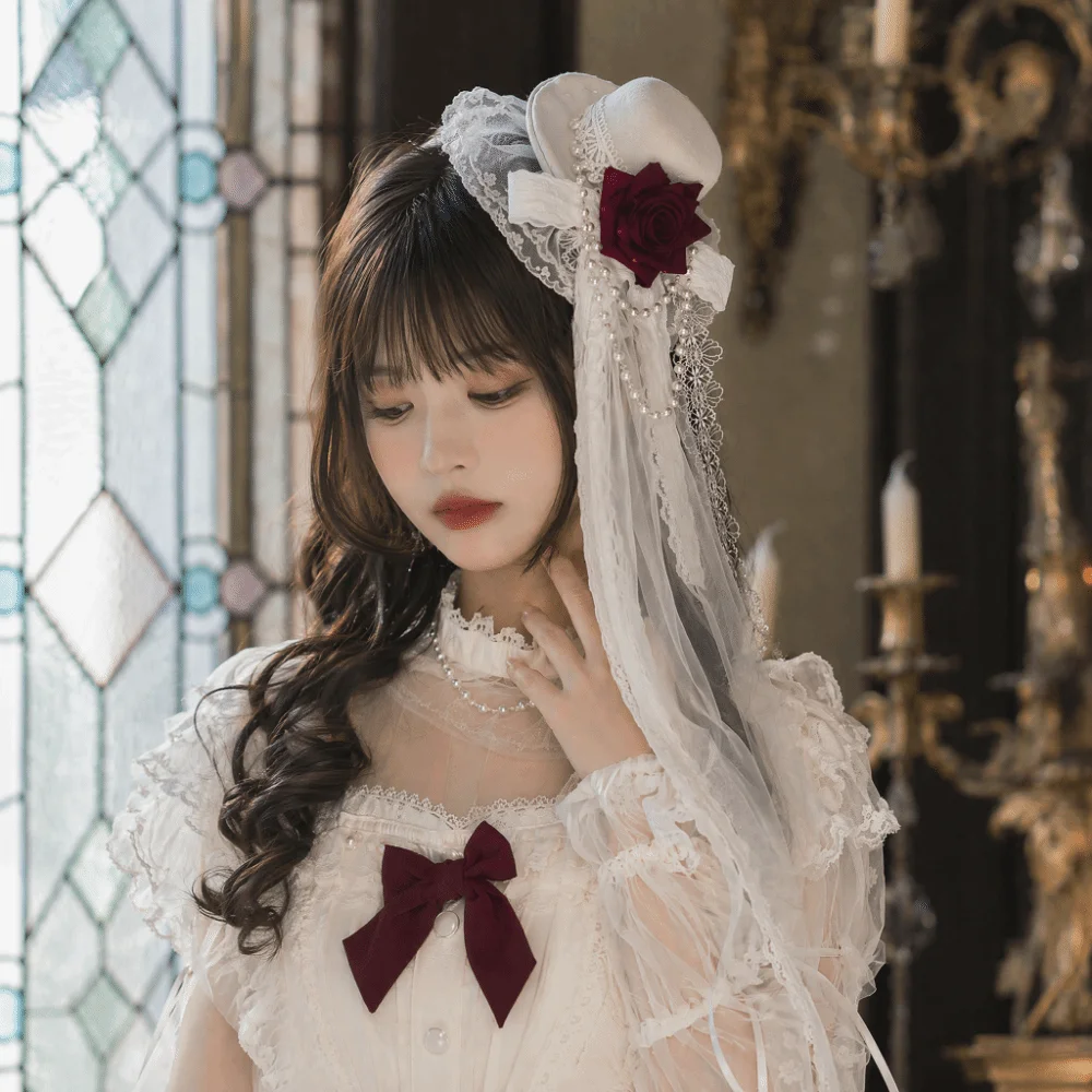 Lace Gothic Lace Veil Rose Decoration Chain Detail Mini Top Chiffon Rose Hat Elegant Style Victorian Retro Small Top Hat