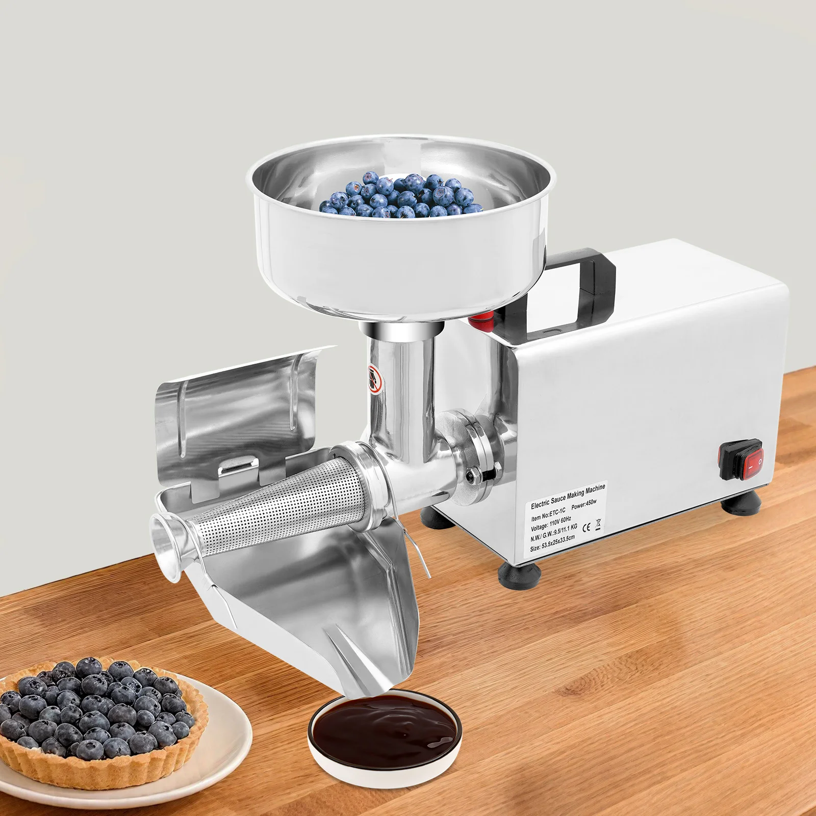 450W 110V Electric Tomato Strainer  Stainless Steel Tomato Milling Machine 50 Kg/H Strawberry Blueberry Food Press and Strainer with Funnel+Trough, Low Noise